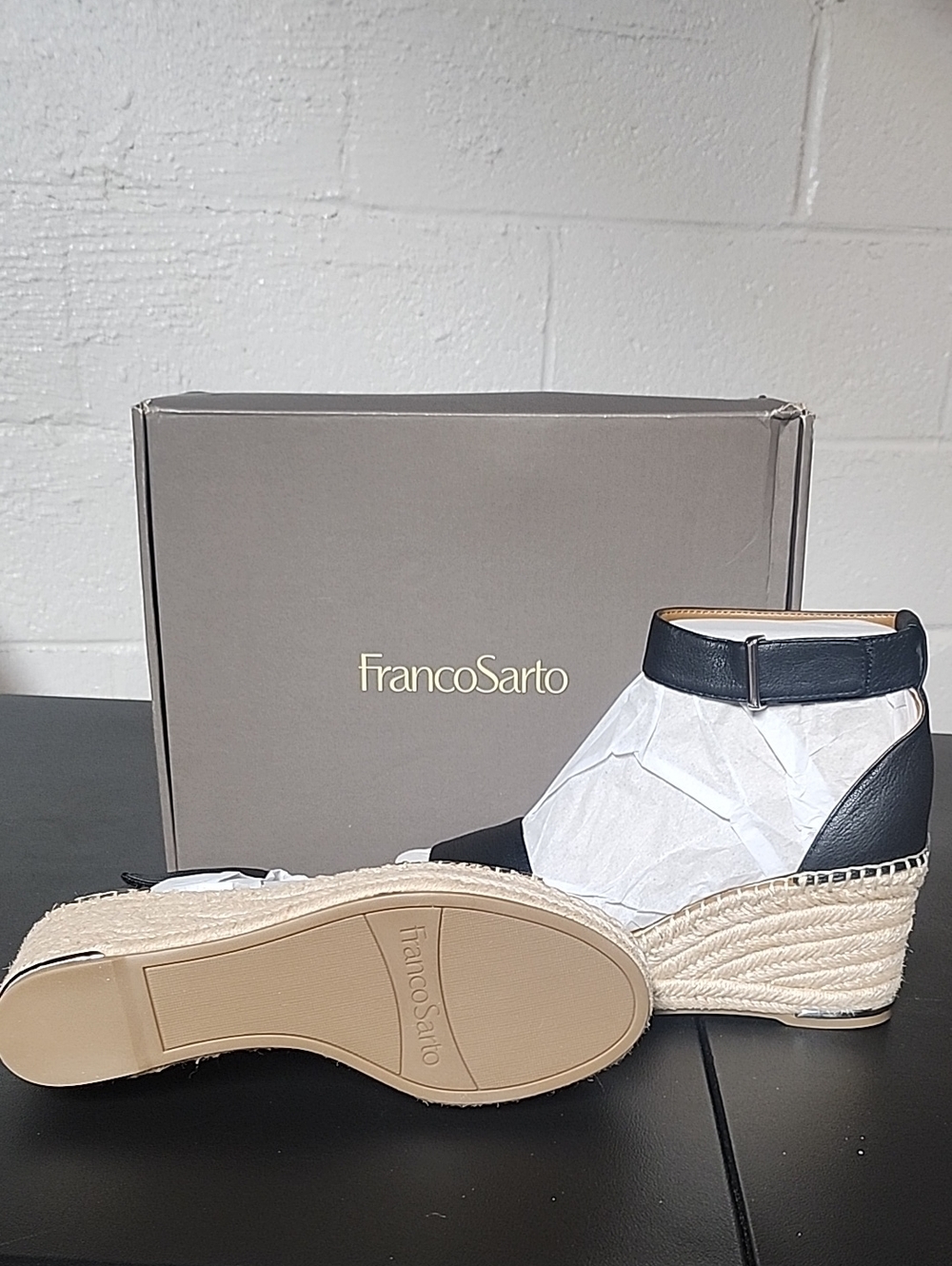 Franco Sarto Black and Natural Espadrille Wedge Clemens